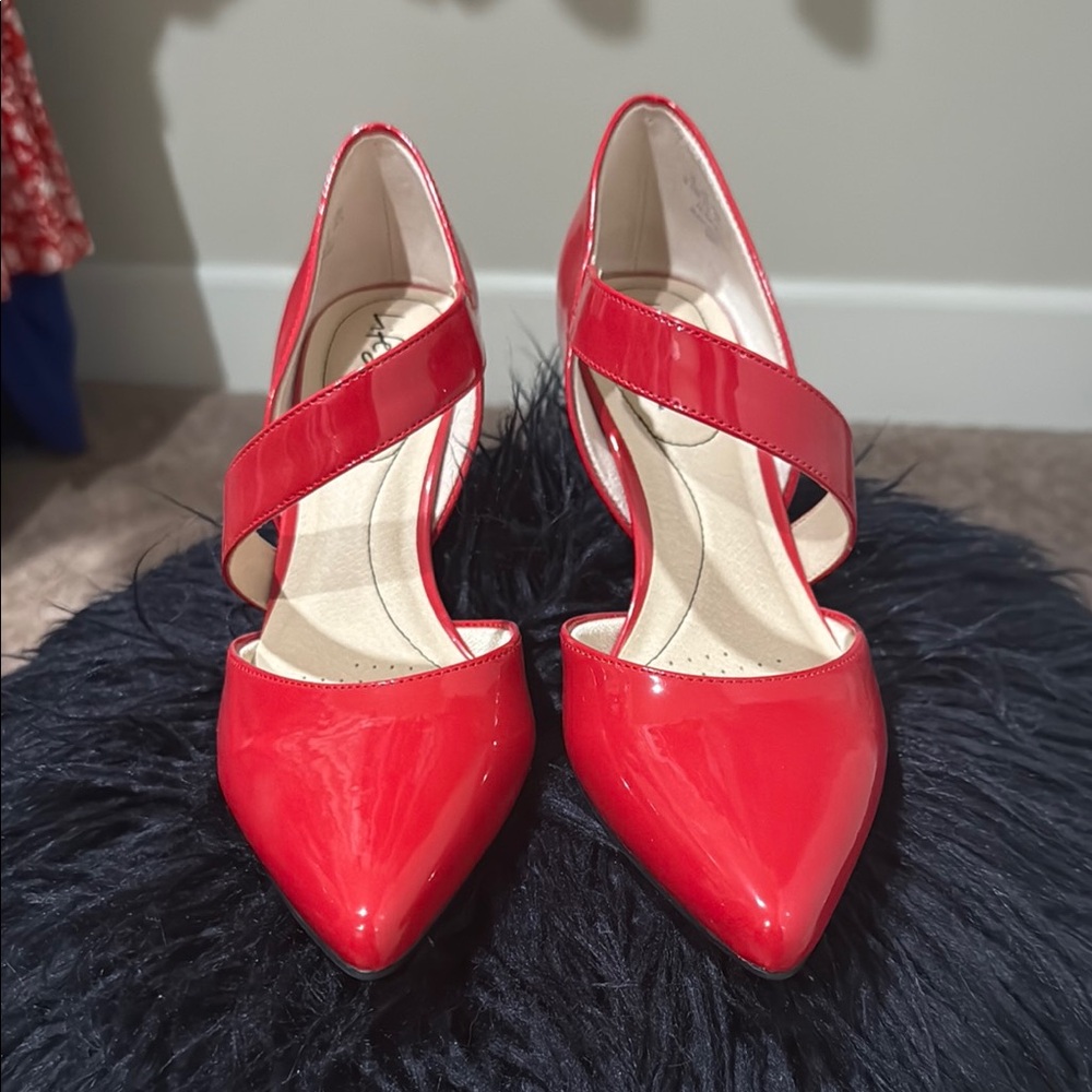 Red Asymmetrical Strap Pointed-Toe Heels